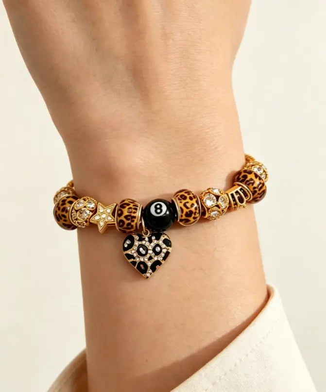 Leopard Print Beaded Charm Bracelet, Gold Snake Chain Bracelet with Black 8 Ball & Crystal Leopard Heart Pendant, Y2K Trendy Jewelry for Women
