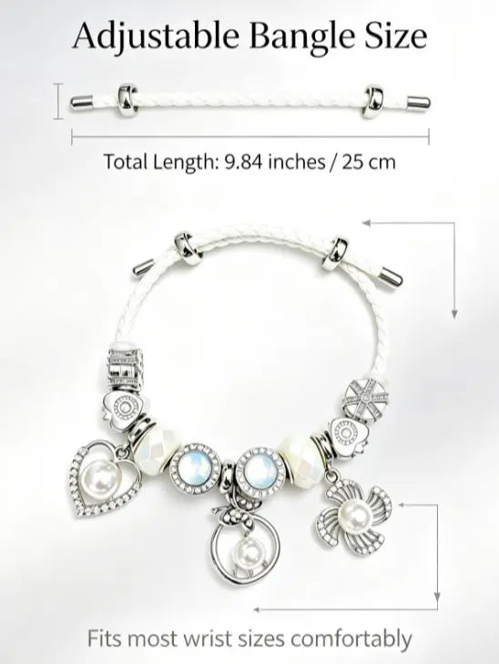 White Braided Adjustable Charm Bracelet Pearl Heart Crystal Beads Stackable Wrist Jewelry Gift For Women Daily Wear
