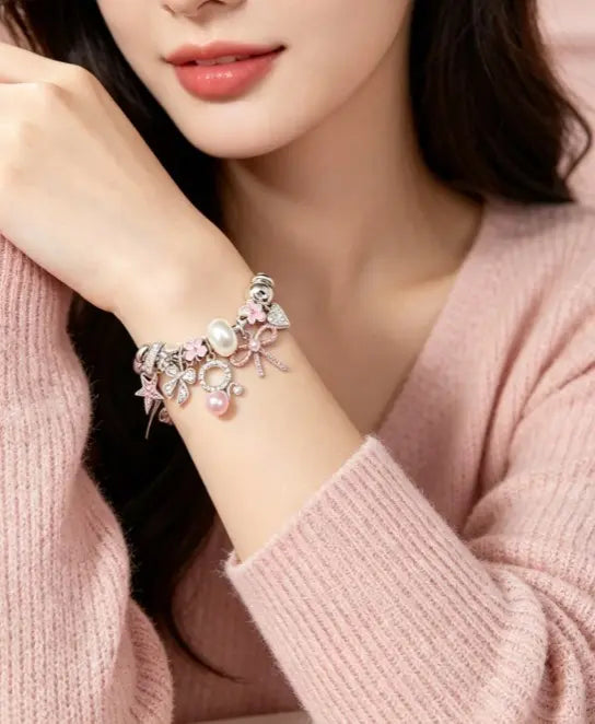 Women's Silver Twisted Wire Open Cuff Bracelet - Dual-Style Pink & White Rhinestone, Bow, Star, Heart, 4-Leaf Clover, Pearl Pendant Bangle, Stackable Dainty Costume Jewelry Gift