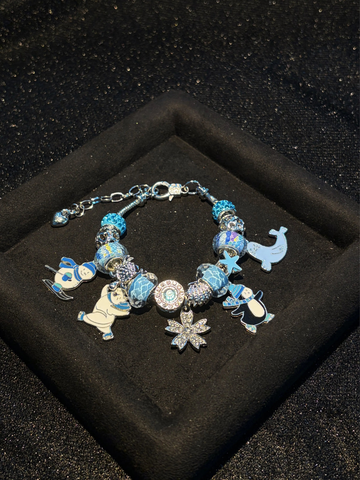 Women's Adjustable Silver-Tone Snake Chain Bracelet with Water-Ripple Blue Beads, Animal Snowflake Pendants and Removable Large Hole Beads Costume Jewelry