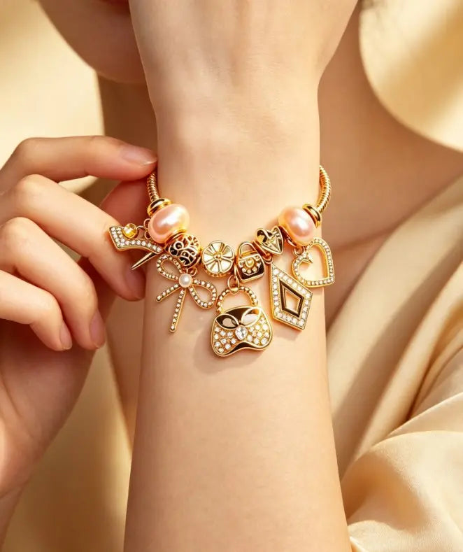 Gold Snake Chain Charm Bracelet for Women, Dainty Pink Pearl Beads Bracelet with High Heel, Bow, Handbag, Heart Diamond Crystal Charms, Adjustable Extension Link Jewelry Gift for Girls