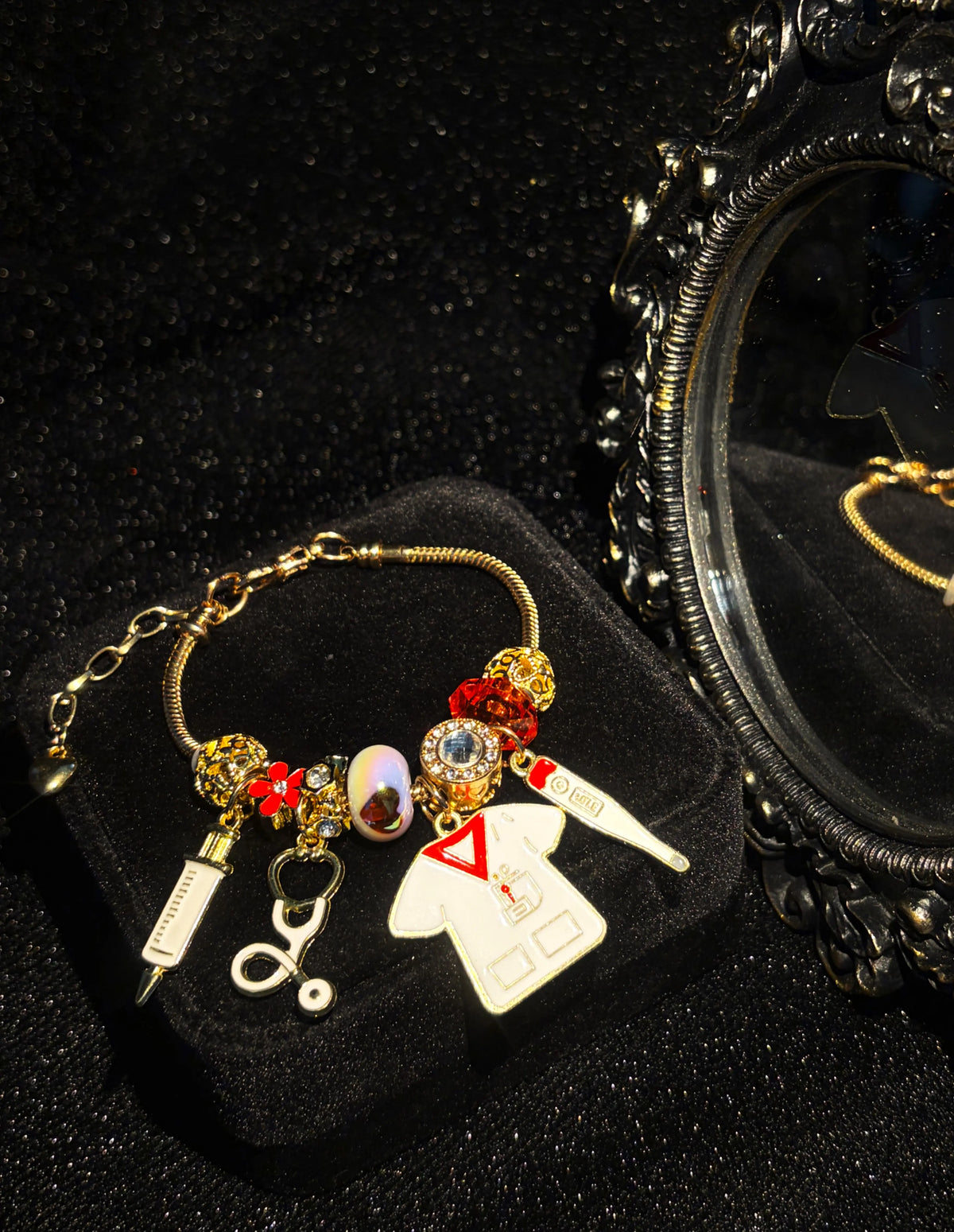 Women's Appreciation-Themed Gold-Tone Beaded Charm Bracelet with Uniform-Style Dangle Charms, Meaningful Costume Jewelry Gift
