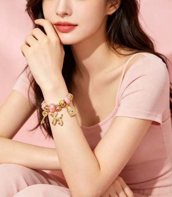 Pink Pearl Balloon Dog Charm Bracelet, Shiny Golden Snake Chain Beaded Bracelet with Lock Key Flower Pendant, Elegant Women Jewelry Gift Box Packed