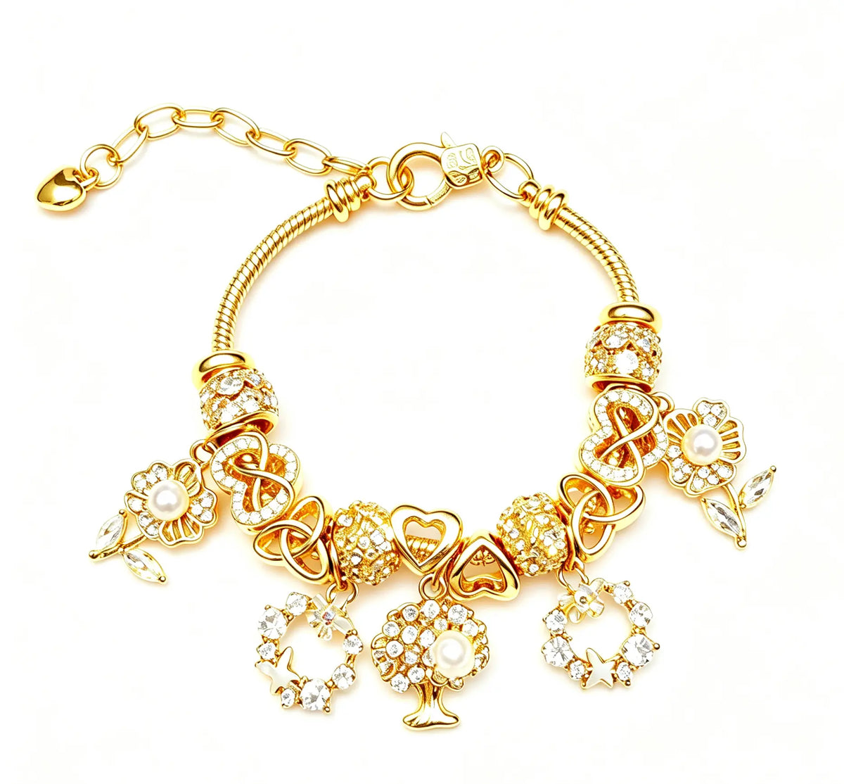 Gold-Tone Charm Bracelet for Women, Exquisitely Crafted Snake Chain Bracelet with Tree of Life, Flower, Heart, Pearl & Cubic Zirconia Charms, Adjustable