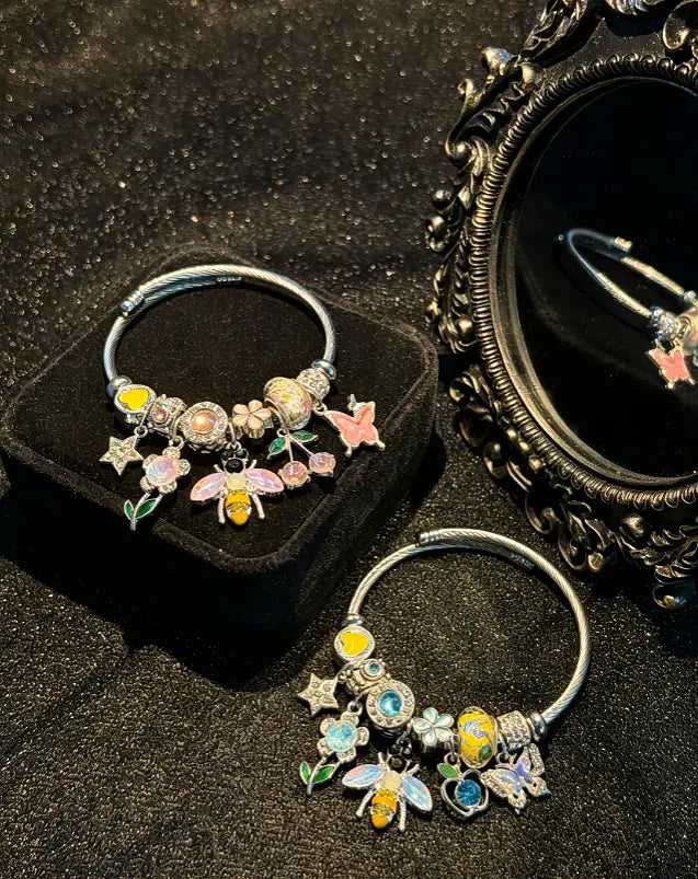 Women's Silver-Tone Bee & Butterfly Open Cuff Bangle, Flower Stackable Costume Jewelry Bracelet