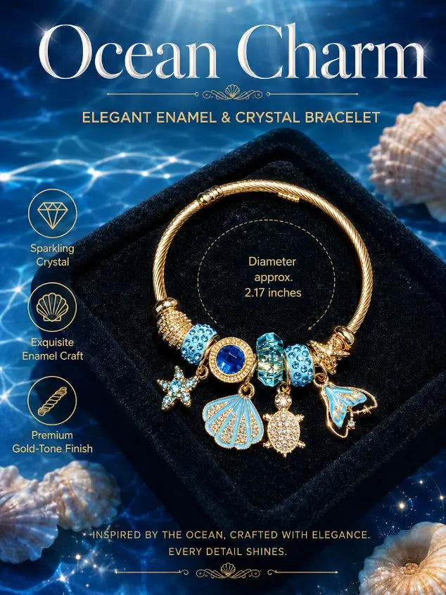 Ocean Theme Open Cuff Bangle, Shiny Golden Bracelet With Blue Crystal Beads, Shell, Turtle & Mermaid Tail Charms, Summer Beach Jewelry Gift For Women