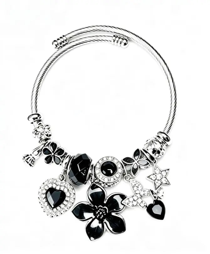 Tone Silver Twisted Open Bangle Pink Blue Black Purple Sakura Flower Crystal Rhinestone Charm Bracelet Women Sweet Girly Jewelry Gift