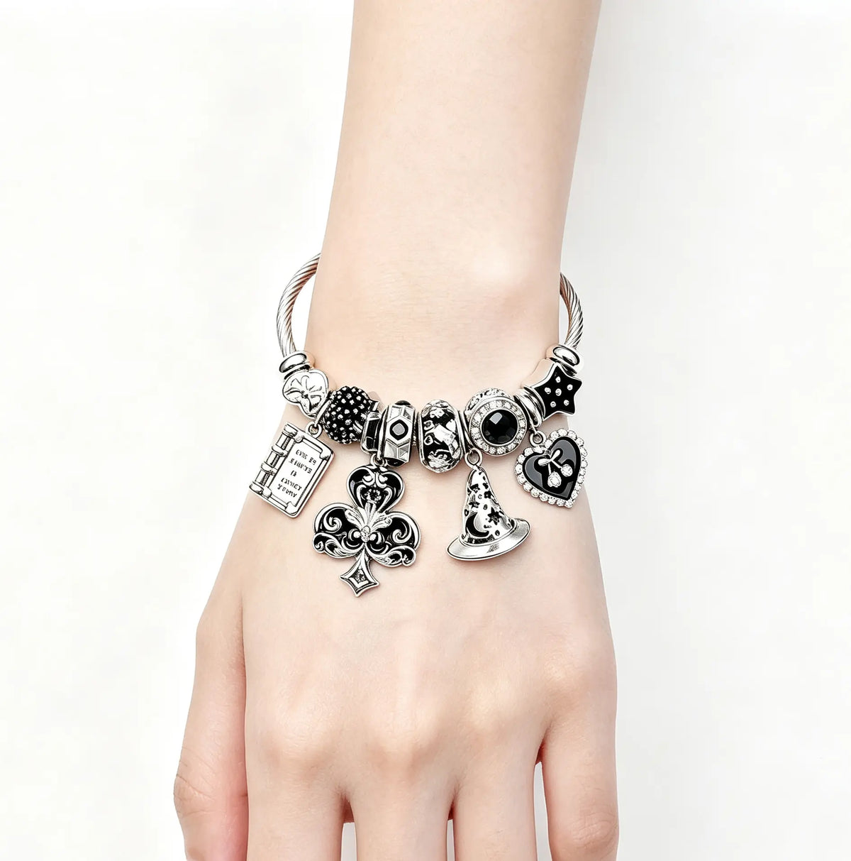 Open Adjustable Wire Bangle Bracelet, Magic Wizard Hat Clover Book Heart Star Charms Beads Silver Tone Bracelet, Fashion Jewelry Gift for Women Girls