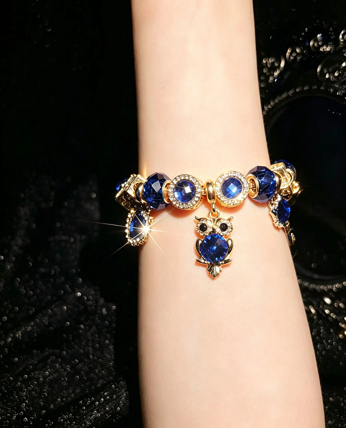 Women's Sparkly Blue Crystal Charm Bracelet - Gold-Tone Adjustable Snake Chain with Owl, Star, Heart Rhinestone Dangle Charms, Elegant Evening Party Jewelry Gift for Teen Girls