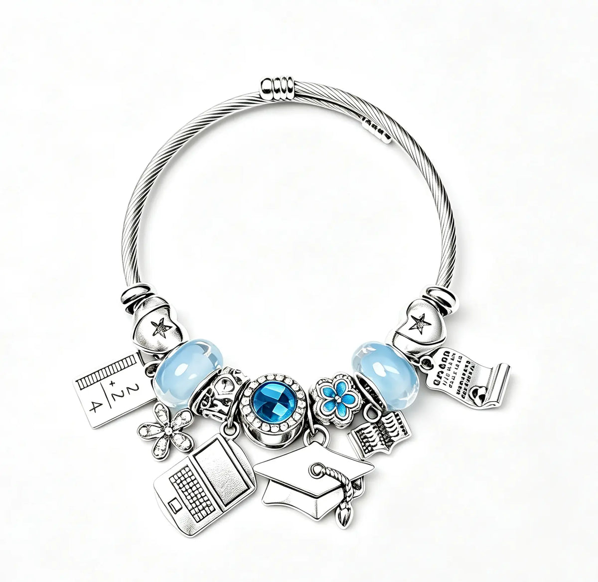 Graduation Commemorative Charm Bracelet | Twisted Rope Silver Bangle with Cap/Laptop/Book Charms (Blue/Purple Options)