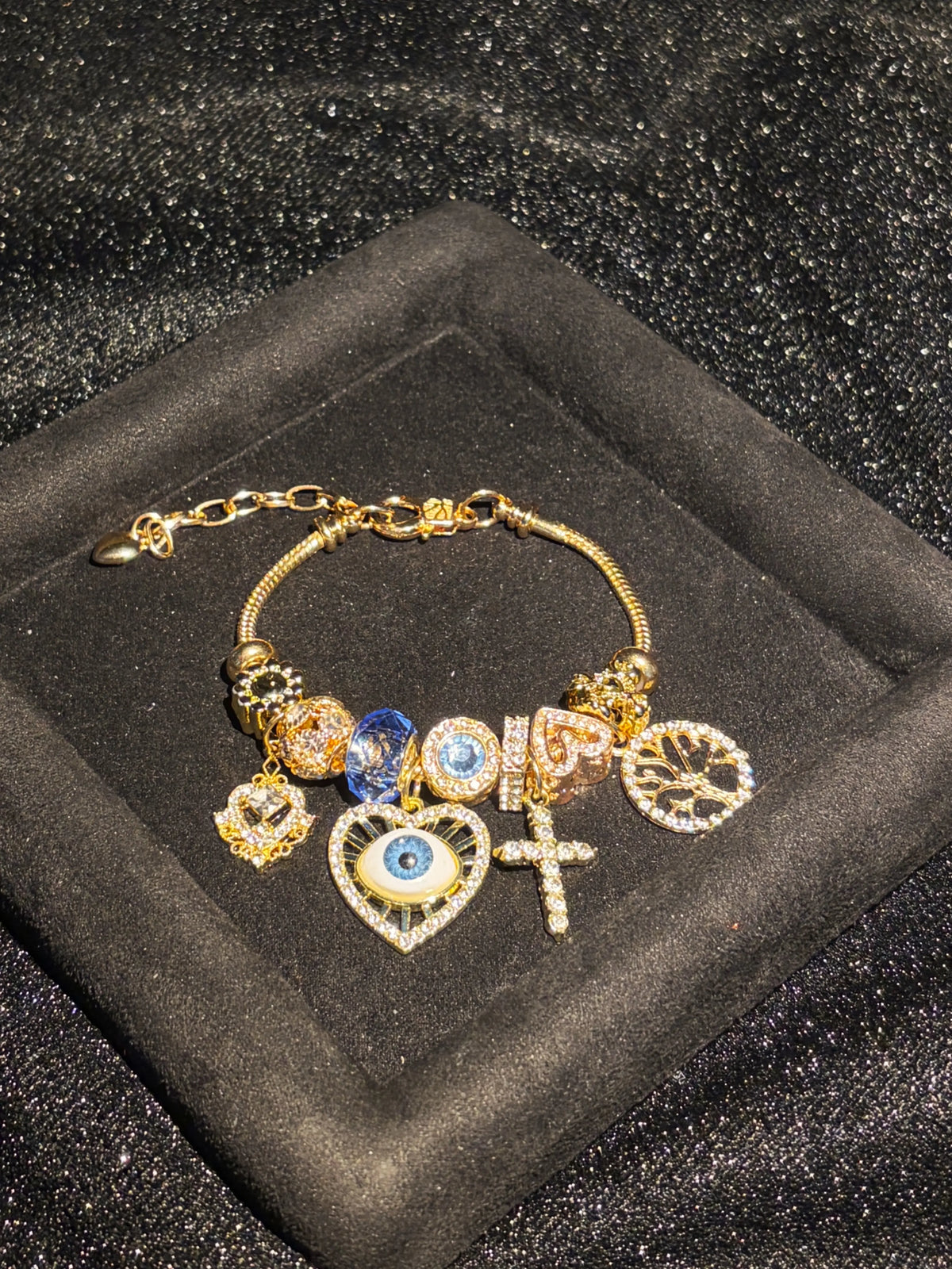 Evil-Eye Cross Tree-of-Life Multi-Charm Enamel Snake Chain Bracelet, Stackable Fashion Costume Jewelry Gift for Women