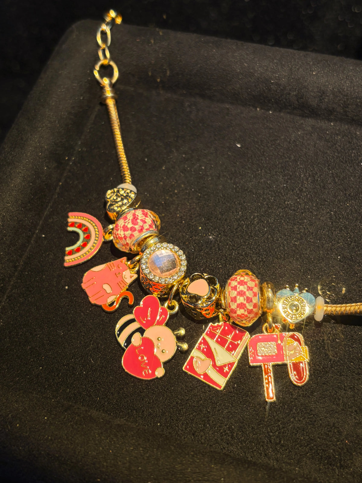 Women's Gold-Tone Snake Chain Charm Bracelet with Cute Pink Love-Themed Enamel Dangle Charms, Birthday Costume Jewelry Gift