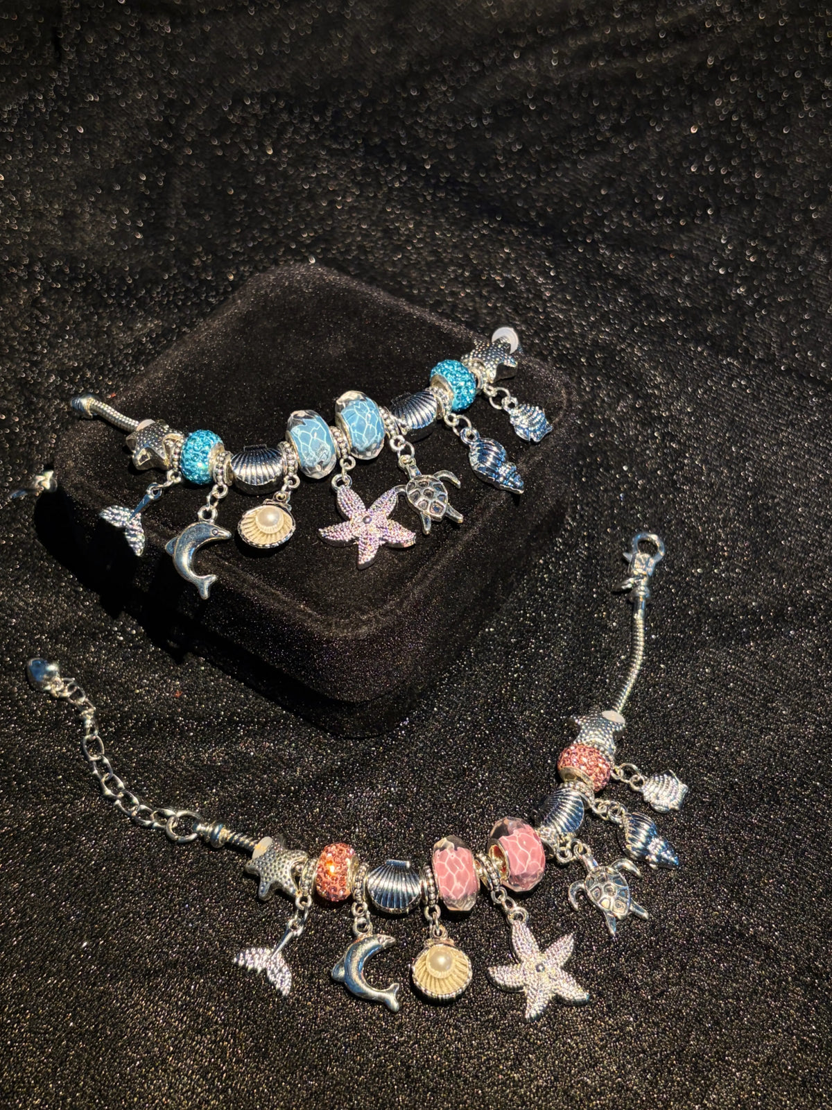 Silver‑Tone Ocean Theme Charm Bracelet for Women, Sea Life Dangle Charms Dolphin,Starfish,Turtle,Shell Conch Mermaid Tail, Murano Glass Beads, 2 Colors Blue Pink Option, Summer Beach Jewelry Gift for Girls