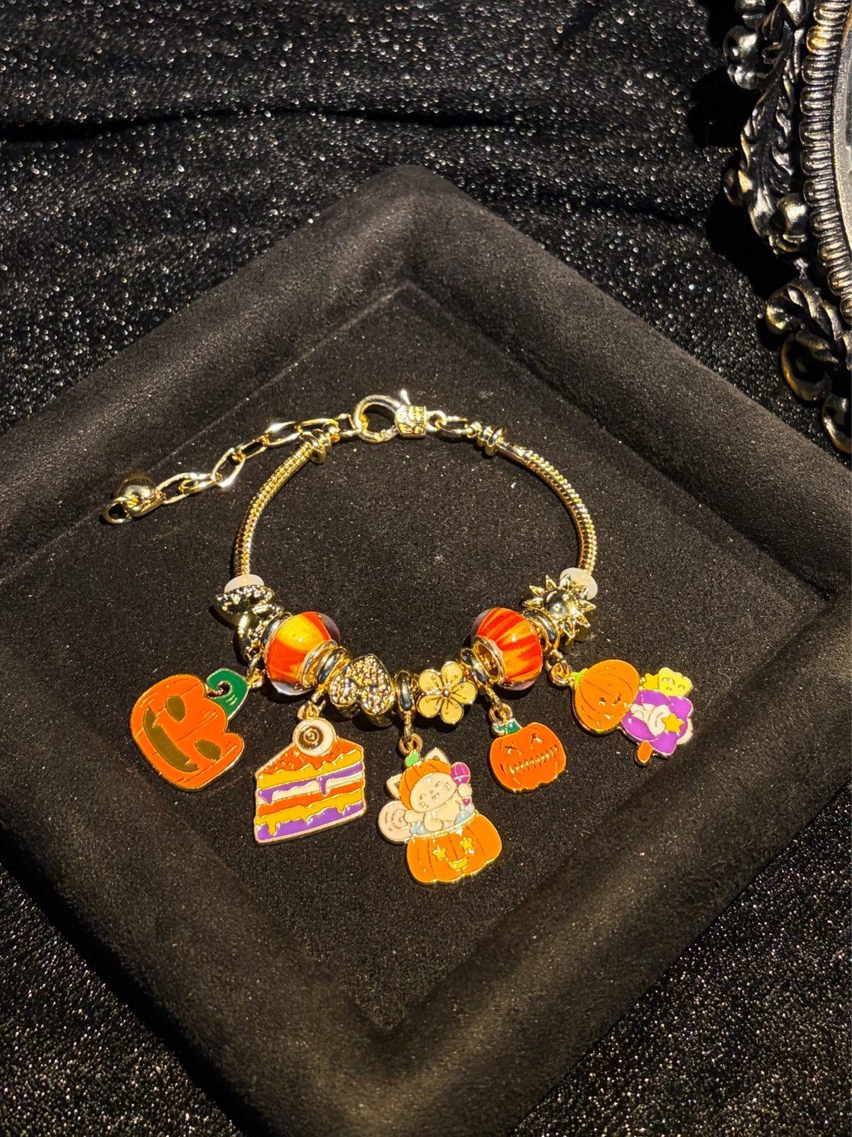 Halloween Themed Charm Bracelet, Gold-Tone Chain with Pumpkin, Kitten, Cake Enamel Charms, Festive Holiday Costume Jewelry Gift for Women