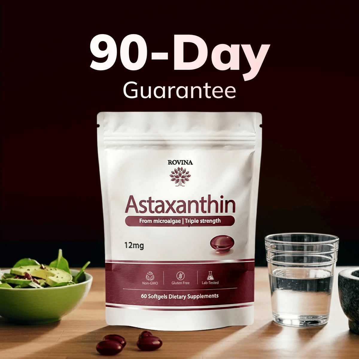 ROVINA Astaxanthin 12mg Softgels – Triple Strength Natural Microalgae Antioxidant, 60 Count