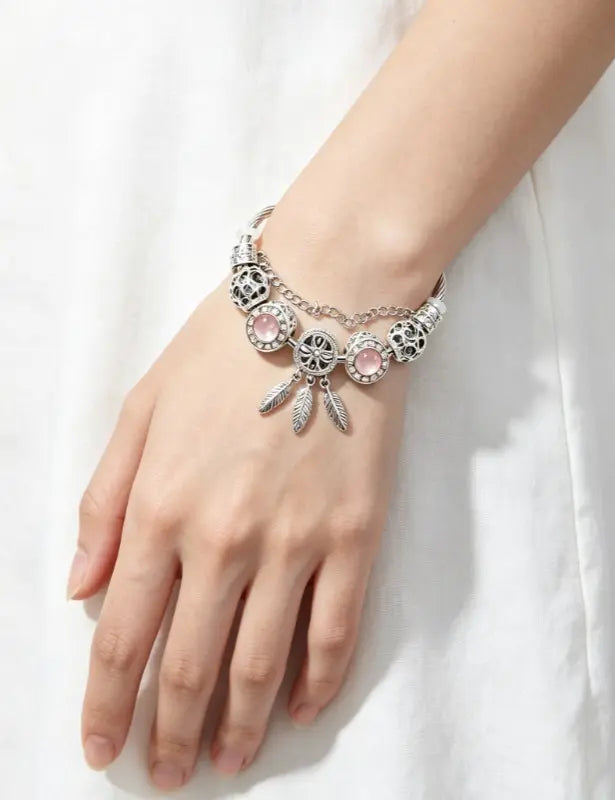 Dreamcatcher Feather Charm Silver Twisted Cable Bangle, Pink & Blue Crystal Rhinestone Hollow Bead Bracelet, Luxury Jewelry Gift for Women