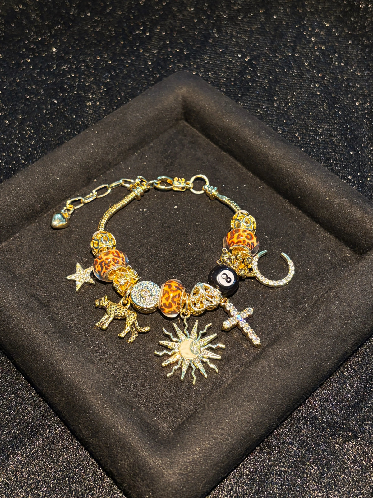 Women's Gold-Tone Leopard Print Charm Bracelet - Stackable Vintage Y2K Boho Beaded Bracelet with Sun, Moon, Star, Cross, Panther, 8-Ball Charms - Costume Jewelry Gift