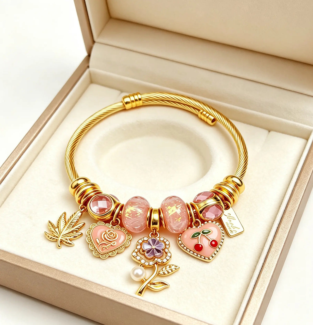 Golden Adjustable Open Cuff Charm Bangle, Cable Wire Beaded Bracelet with Enamel Heart Cherry Rose Maple Leaf Charms, Fashion Stackable Jewelry Gift for Women Girls
