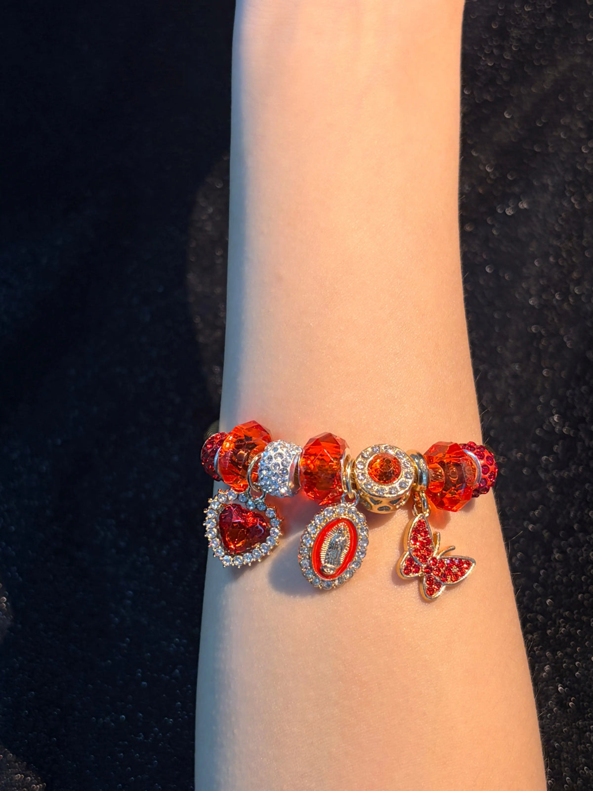 Women's Gold-Tone Virgin Mary Butterfly Heart Charm Adjustable Wire Cuff Bangle - Open Bracelet with Sparkling Crystal Beads-Pink, Red， Religious Costume Jewelry Gift