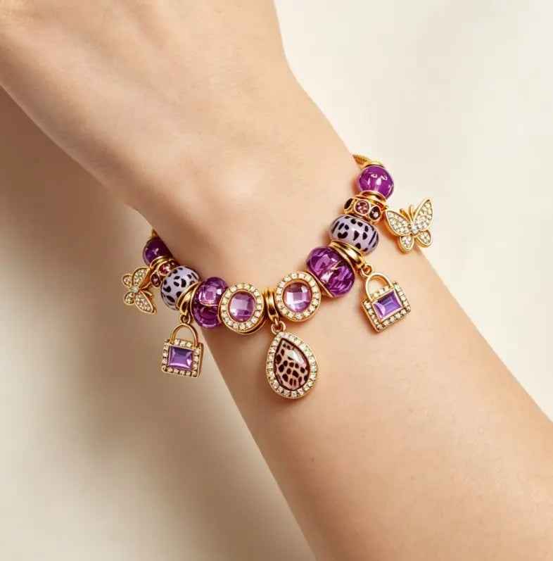 Purple Leopard Crystal Charm Bracelet for Women, Gold Plated Butterfly Lock Teardrop Amethyst Beaded Snake Chain Bracelet, Elegant Jewelry Gift for Birthday Anniversary