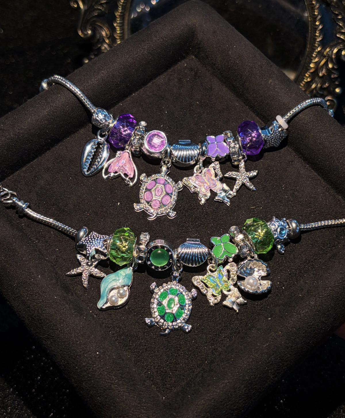 Women's Silver-Tone Ocean Turtle Snake Chain Bracelet, Adjustable Extension Chain, Enamel Turtle Shell Starfish Butterfly Dangles, Purple & Green Crystal Beads, 2-Color Options, Stackable Beach Costume Jewelry Gift