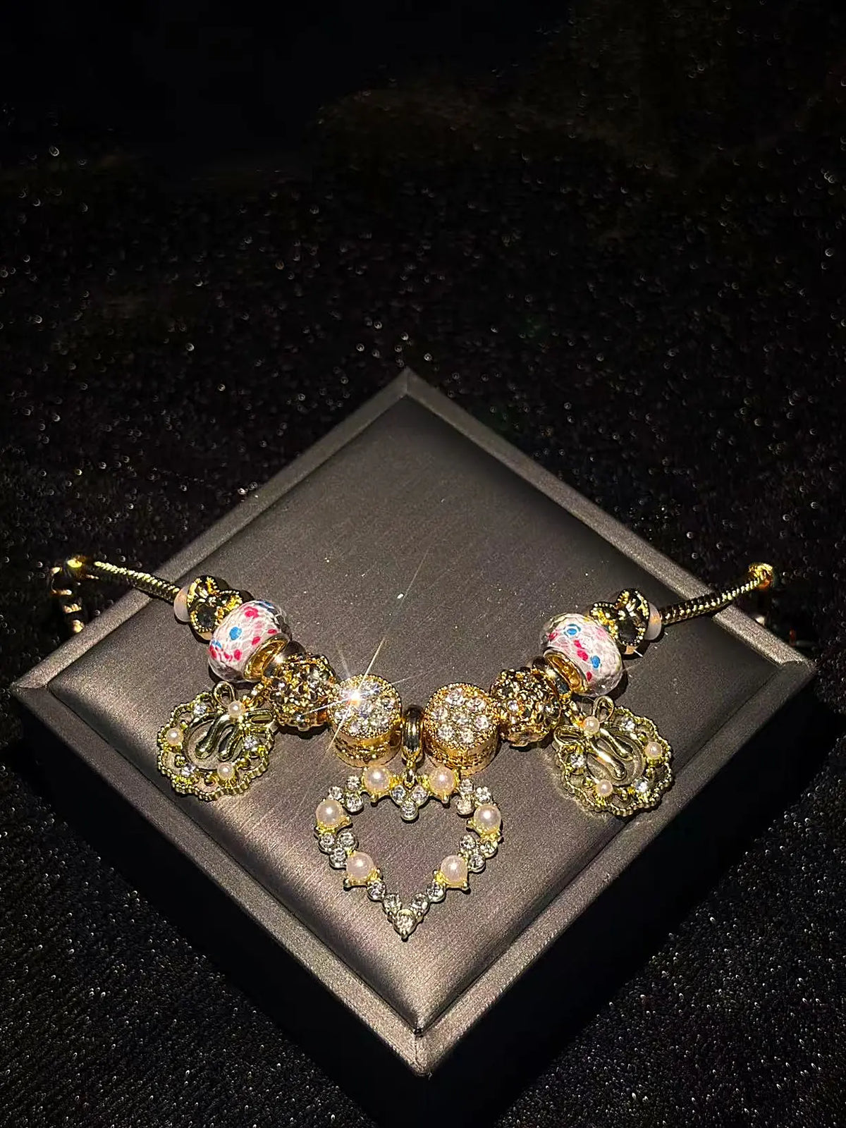 Women’s Elegant Heart Pearl Charm Beaded Bracelet, Bow Rhinestone Pendant Snake Chain Bracelet, Vintage Sparkly Fashion Jewelry Gift for Teen Girls