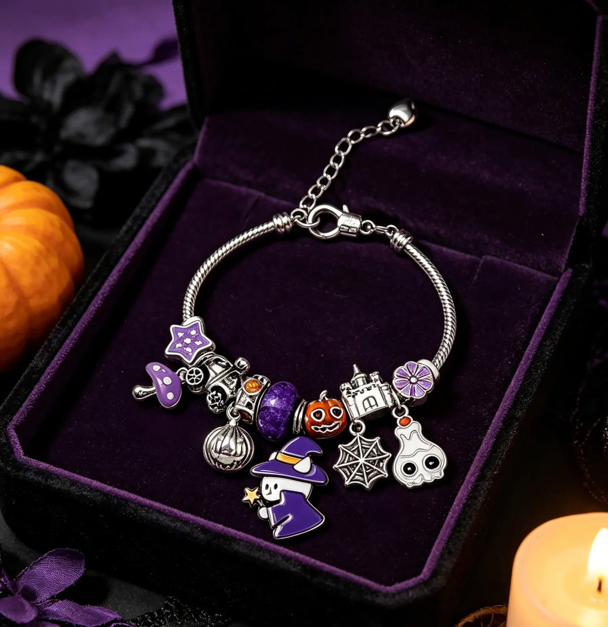 Halloween Witch Cat Charm Bracelet, Adjustable Silver Snake Chain Bangle with Pumpkin Ghost Spider Web Castle Purple Beads, Spooky Holiday Jewelry Gift for Women Teen Girls