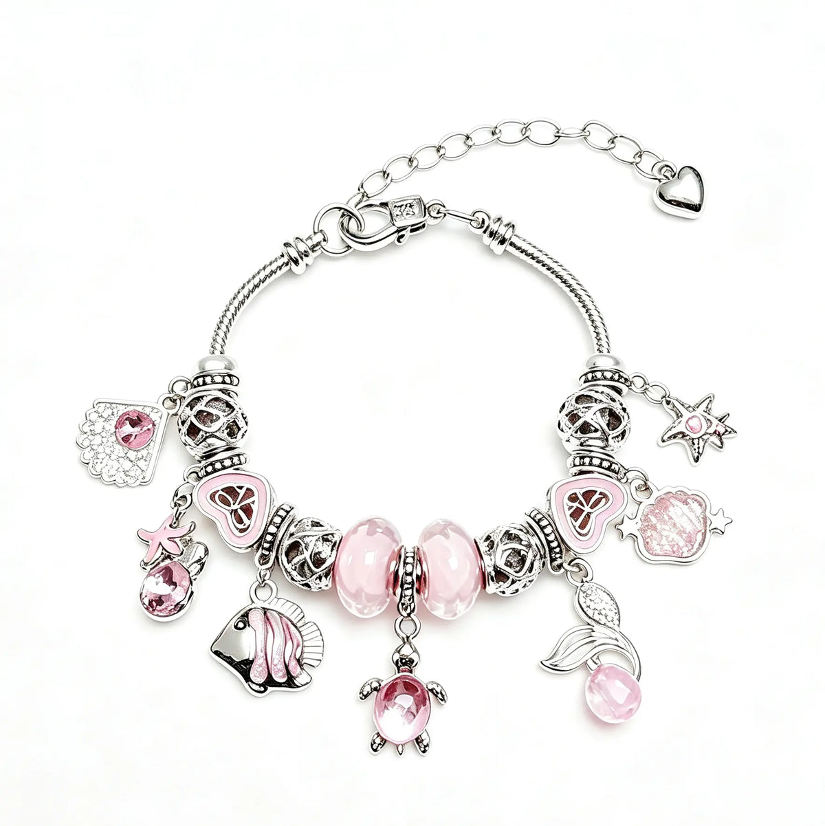 Pink Ocean Charm Bracelet for Women Girls - Silver-Tone Snake Chain with Sea Turtle, Tropical Fish, Starfish & Shell Pendants - Sweet Crystal Beaded Jewelry Gift