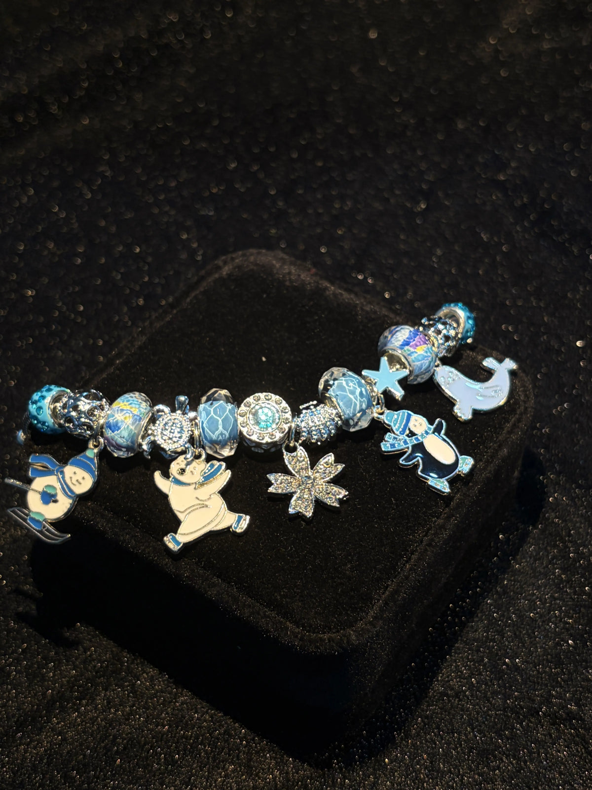 Women's Adjustable Silver-Tone Snake Chain Bracelet with Water-Ripple Blue Beads, Animal Snowflake Pendants and Removable Large Hole Beads Costume Jewelry