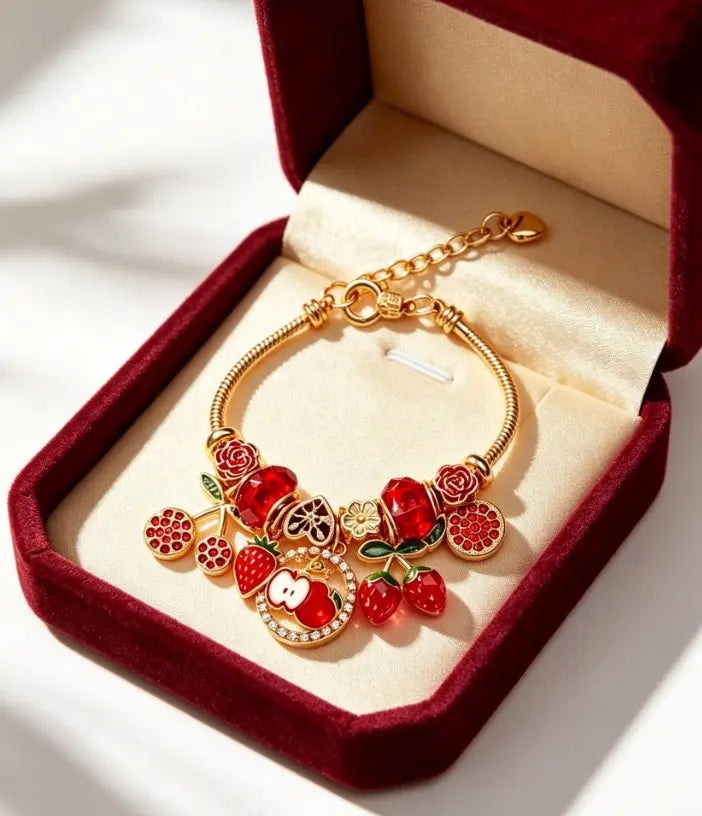 Gold Snake Chain Bracelet with Enamel Charms and Red Crystal for Women Jewelry
