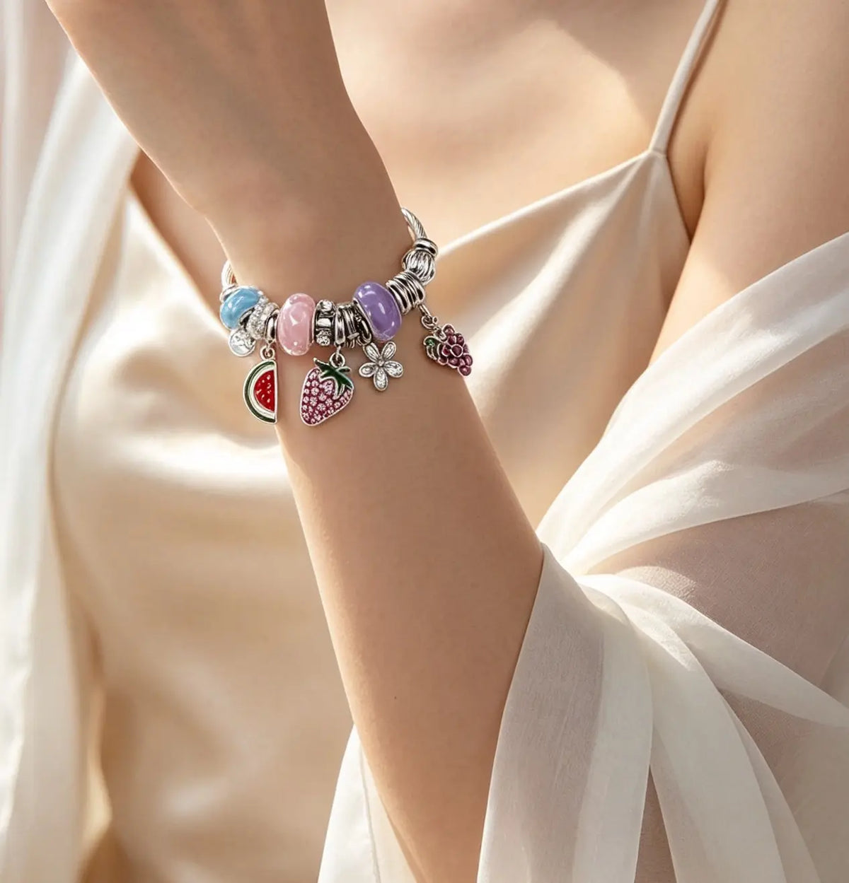 Adjustable Silver Cable Wire Charm Bangle Bracelet, Fruit Theme Dangle Charms with Watermelon Strawberry Grape Flower Rhinestone, Multicolor Murano Glass Beads Stackable Jewelry Gift for Women Teen Girls