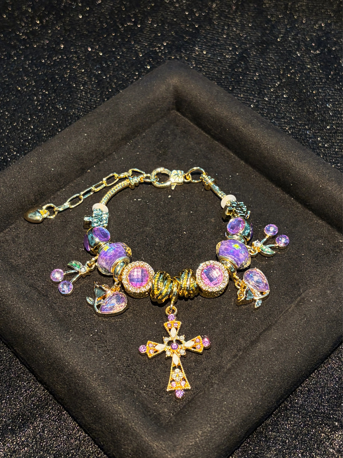 Women's Purple Cross Gold-Tone Snake Chain Bracelet with Rhinestone Beads, Stackable Costume Jewelry Accessory