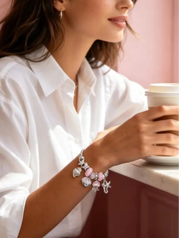 Pink Ocean Sea Themed Charm Bracelet, Silver Snake Chain Bracelet with Jellyfish, Seashell, Starfish, Mermaid Tail Pink Crystal Beads, Adjustable Mermaid Ocean Dangle Charms Bangle Jewelry Gift for Women Girls