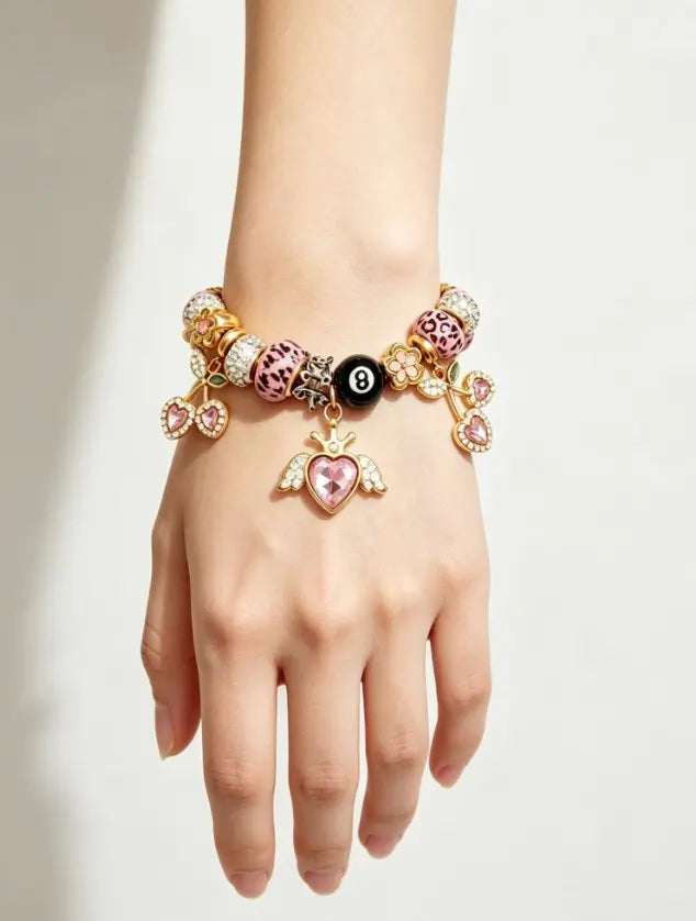 Gold Plated Snake Chain Charm Bracelet with Pink Leopard Print Beads, 8-Ball, Cherry & Winged Heart Crystal Charms, Y2K Cute Dainty Adjustable Jewelry Gift for Women Girls