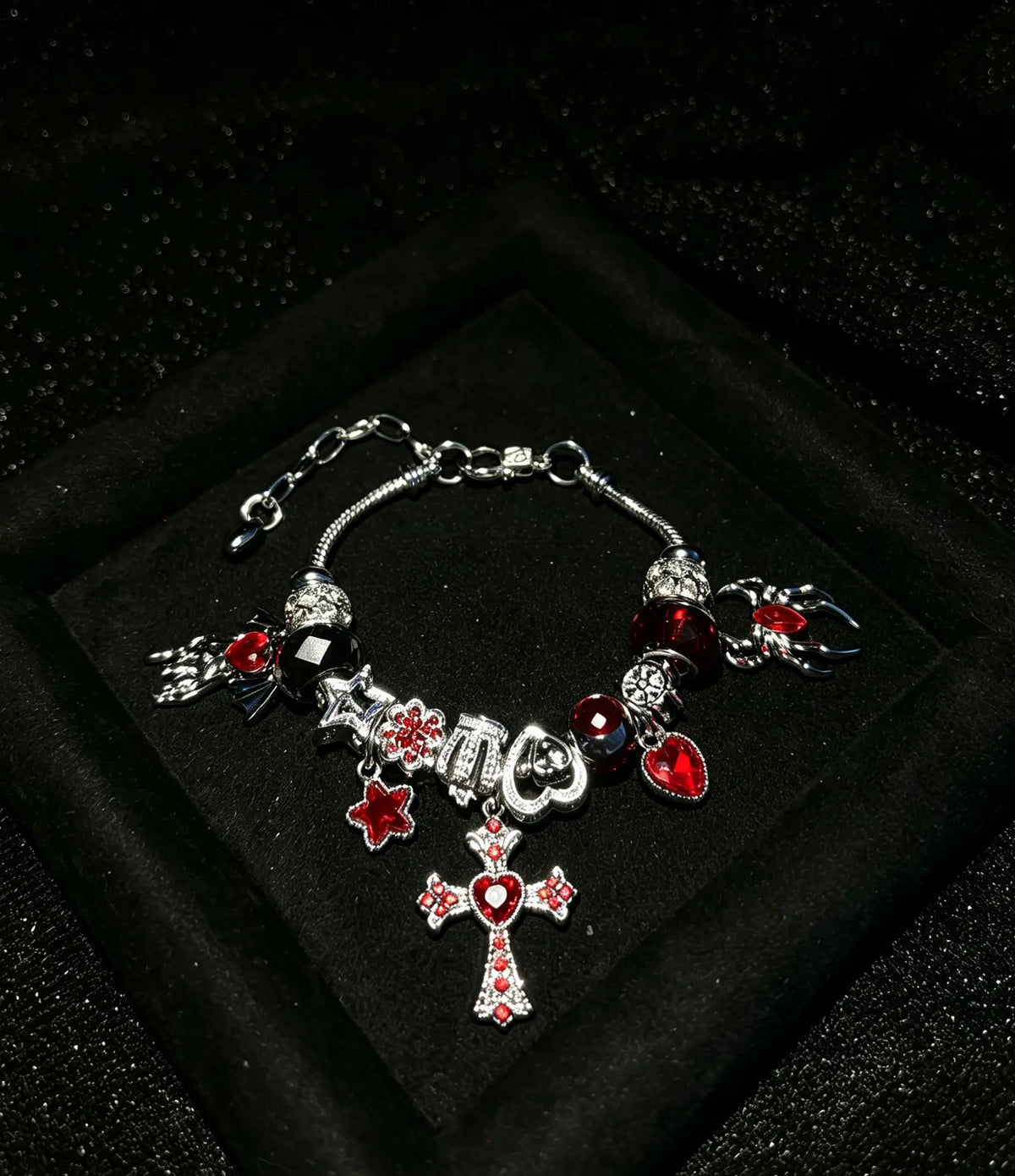 Gothic Red Heart Cross Charm Bracelet, Silver Snake Chain Beaded Bracelet with Spider Star Crystal Charms, Vintage Dark Aesthetic Jewelry Gift for Women