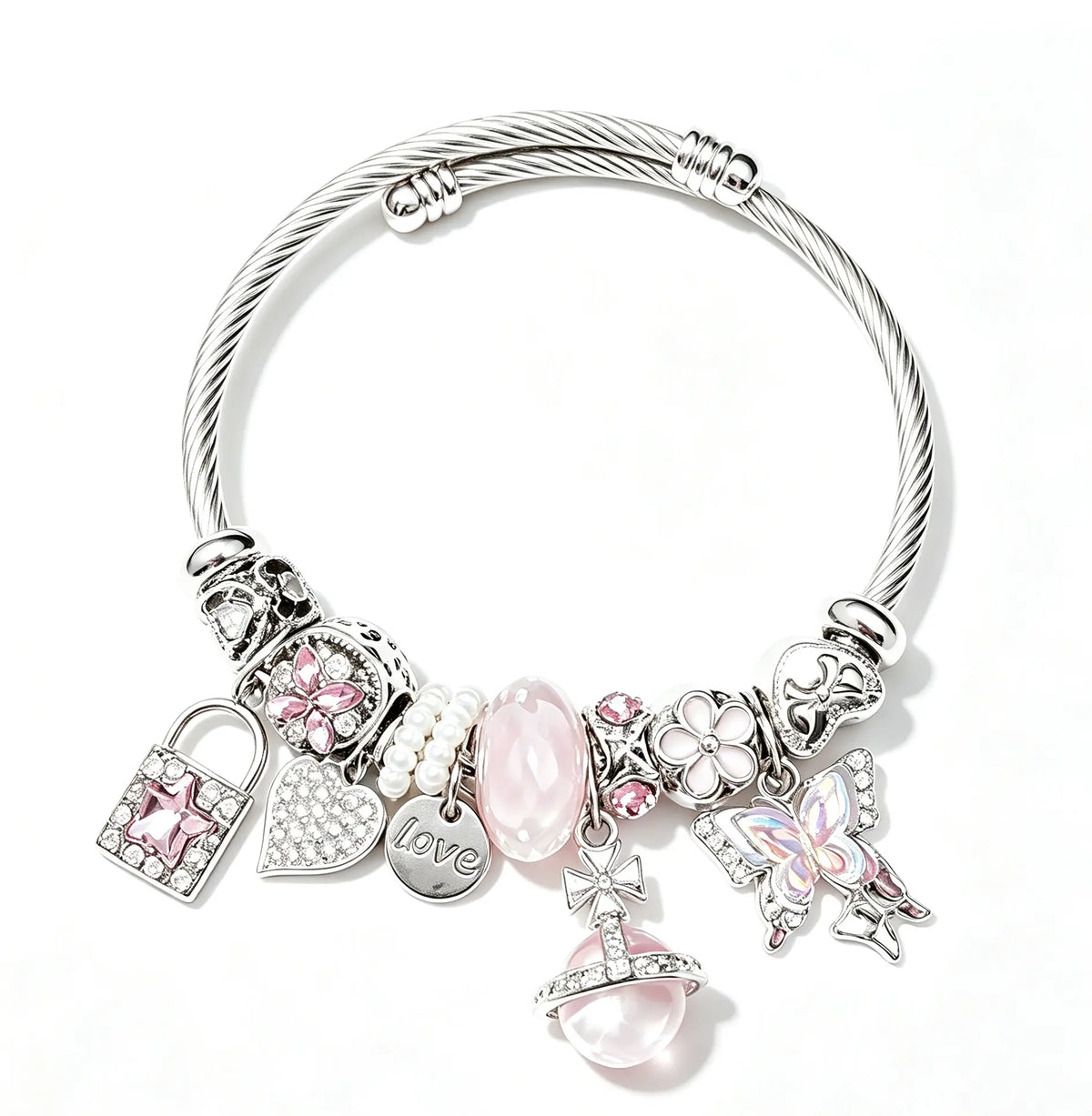 Dreamy Pink Crystal Butterfly Lock Bangle | Sweet Charm Bracelet, Romantic Girly Accessory