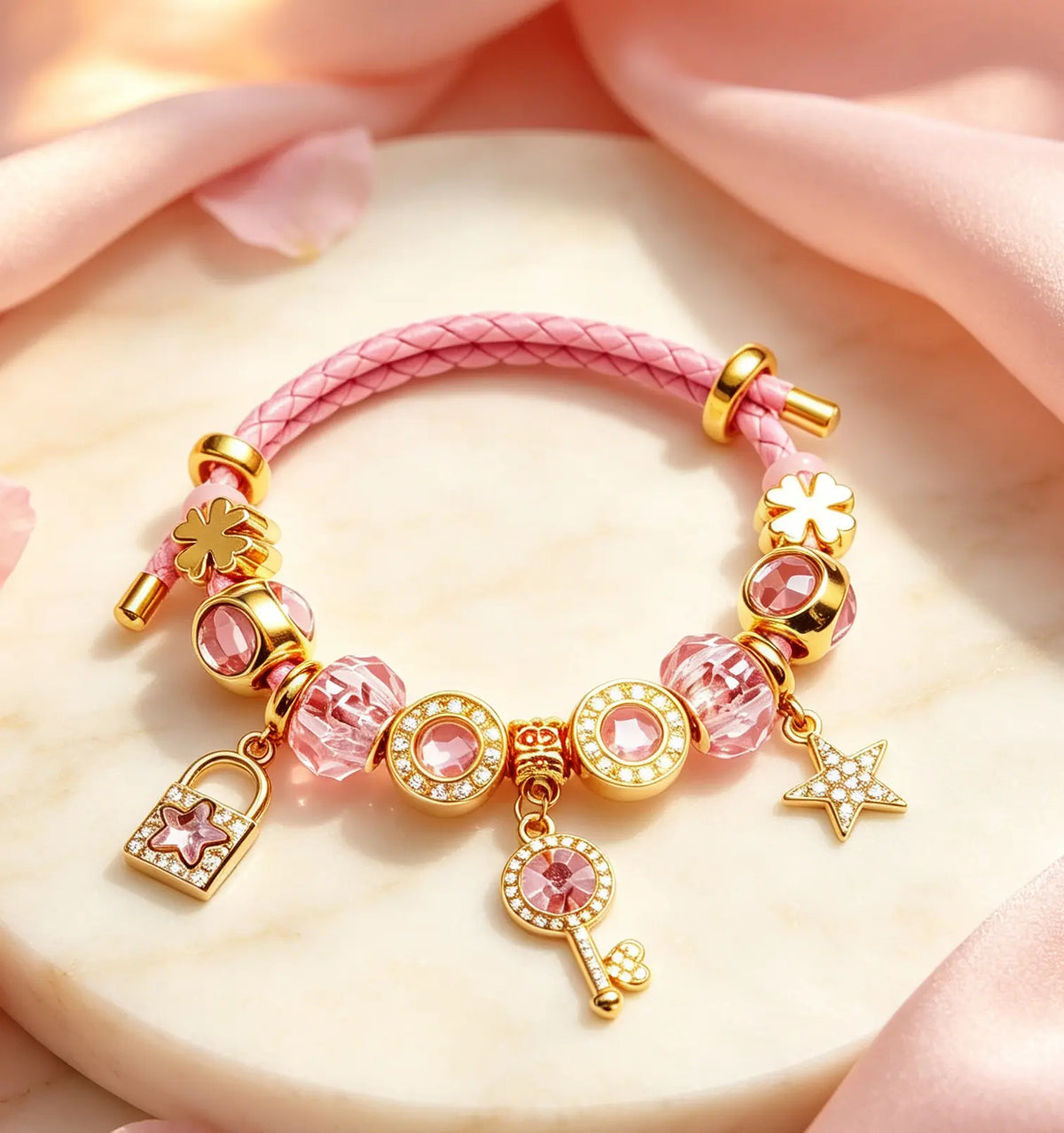 Women's Adjustable Pink Braided Leather Charm Bracelet - Sparkling Crystal, Gold Lock, Star Key, 4 Leaf Clover Beads Fashion Costume Jewelry Gift