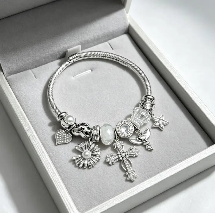 Silver Twisted Cable Open Bangle Bracelet, Rhinestone Cross Angel Daisy Pearl Star Heart Charms Beaded Bracelet, Vintage Elegant Jewelry Gift for Women Teen Girls