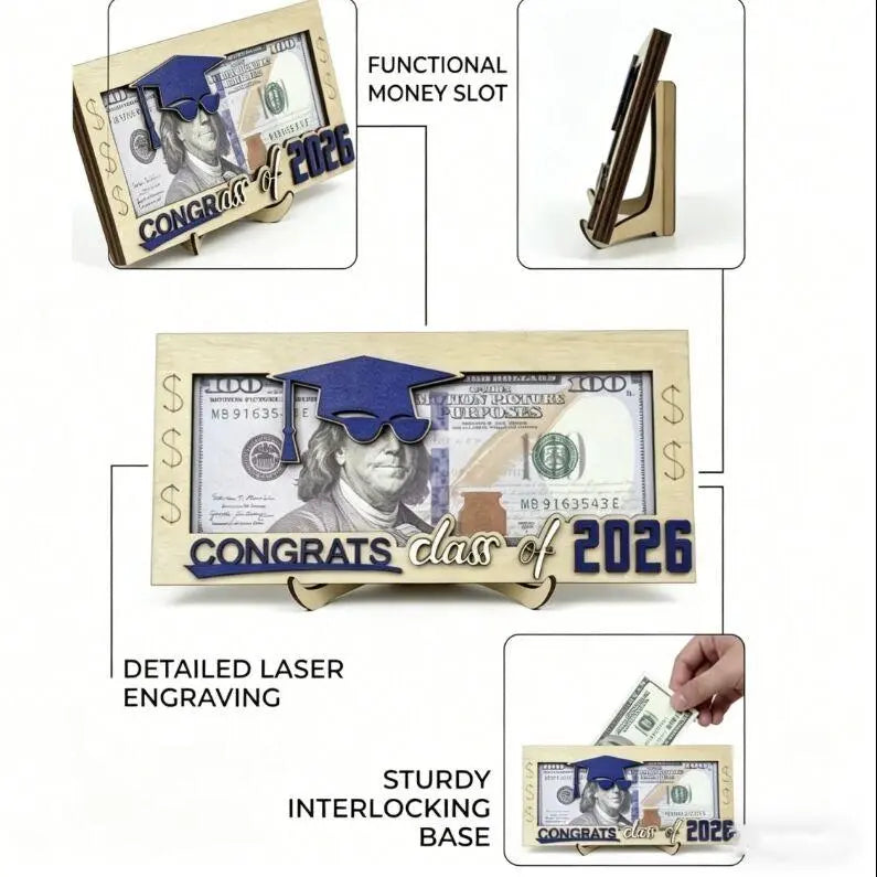 2-Pack Class of 2026 Wooden Graduation Money Holder Set – Black & Blue Cash Gift Frames