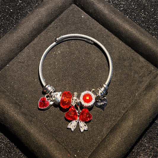 Women's Adjustable Open Silver-Tone Wire Bangle Bracelet, Sparkling Heart Butterfly Crystal Charm Design, 2-Color Red/Green Costume Jewelry, Fashion Statement Gift for Daily/Party Use