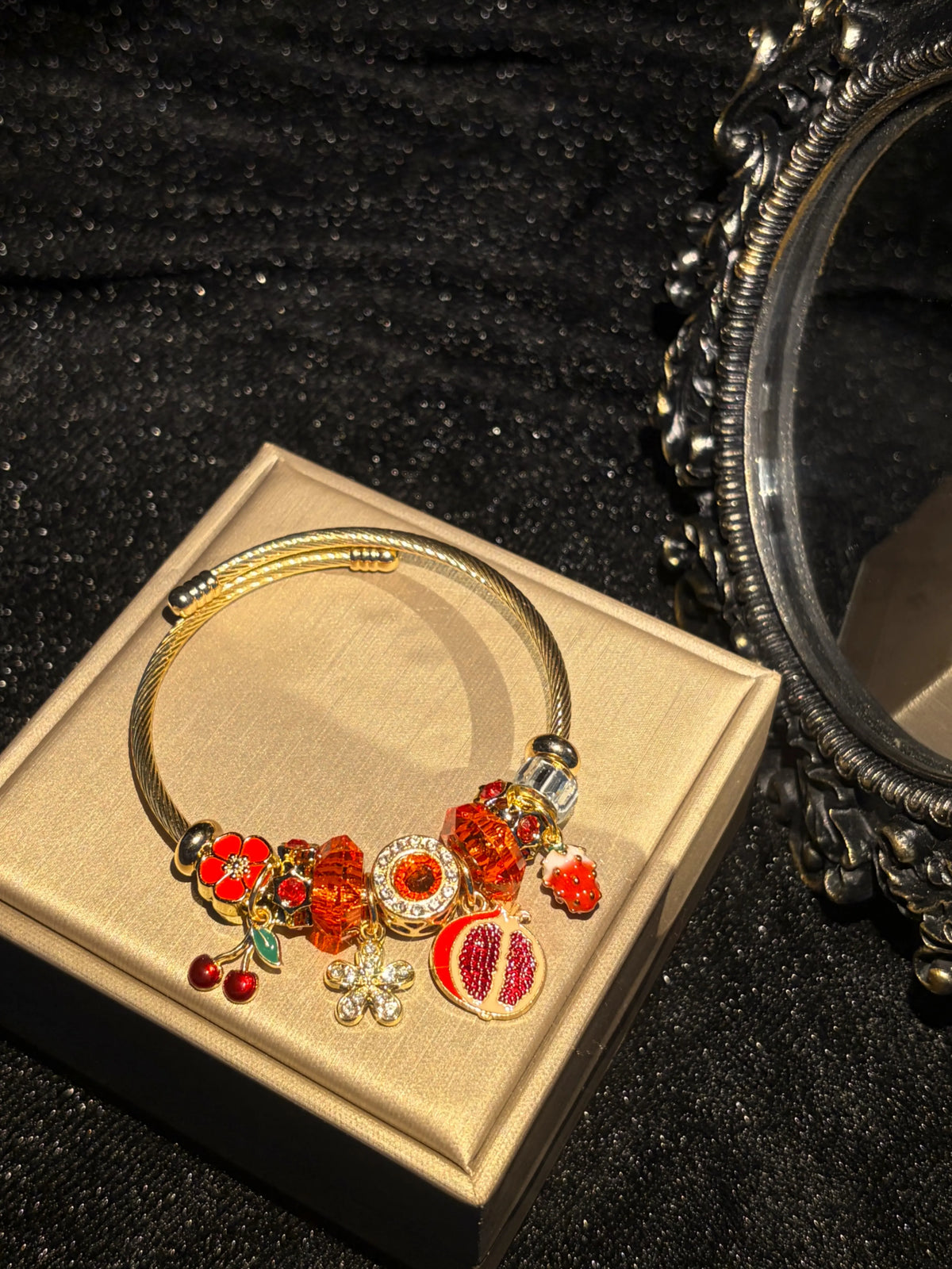 Women's Gold-Tone Wire Open Bangle Bracelet, Fruit-Themed Jewelry with Pomegranate, Strawberry, Cherry, Flower Enamel Charms, Elegant Stackable Gift