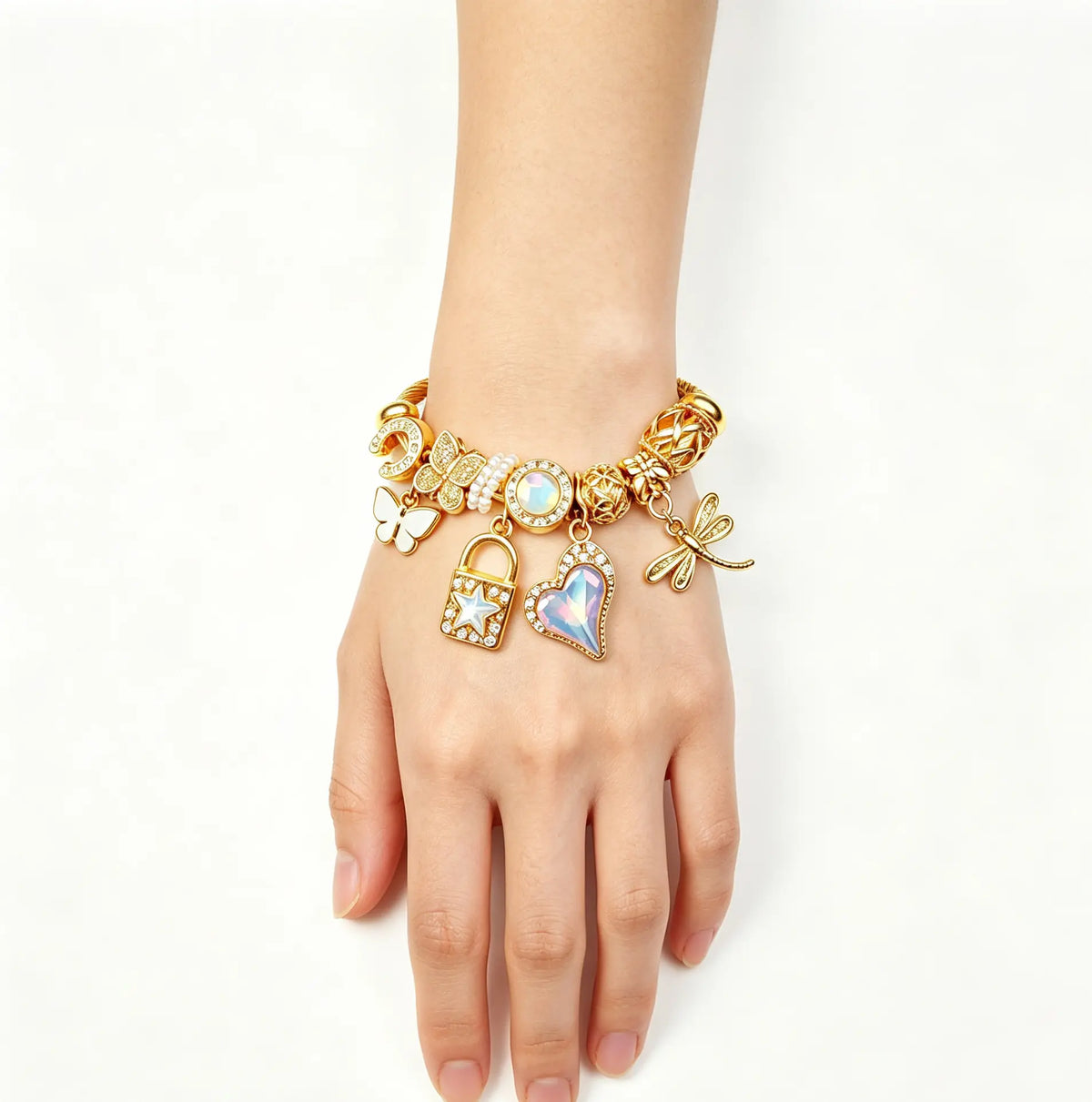 Gold Twisted Cable Charm Bangle Bracelet, Iridescent Heart Crystal Lock Star Dragonfly Butterfly Moon Charms Bracelet, Adjustable Open Cuff Jewelry Gift for Women