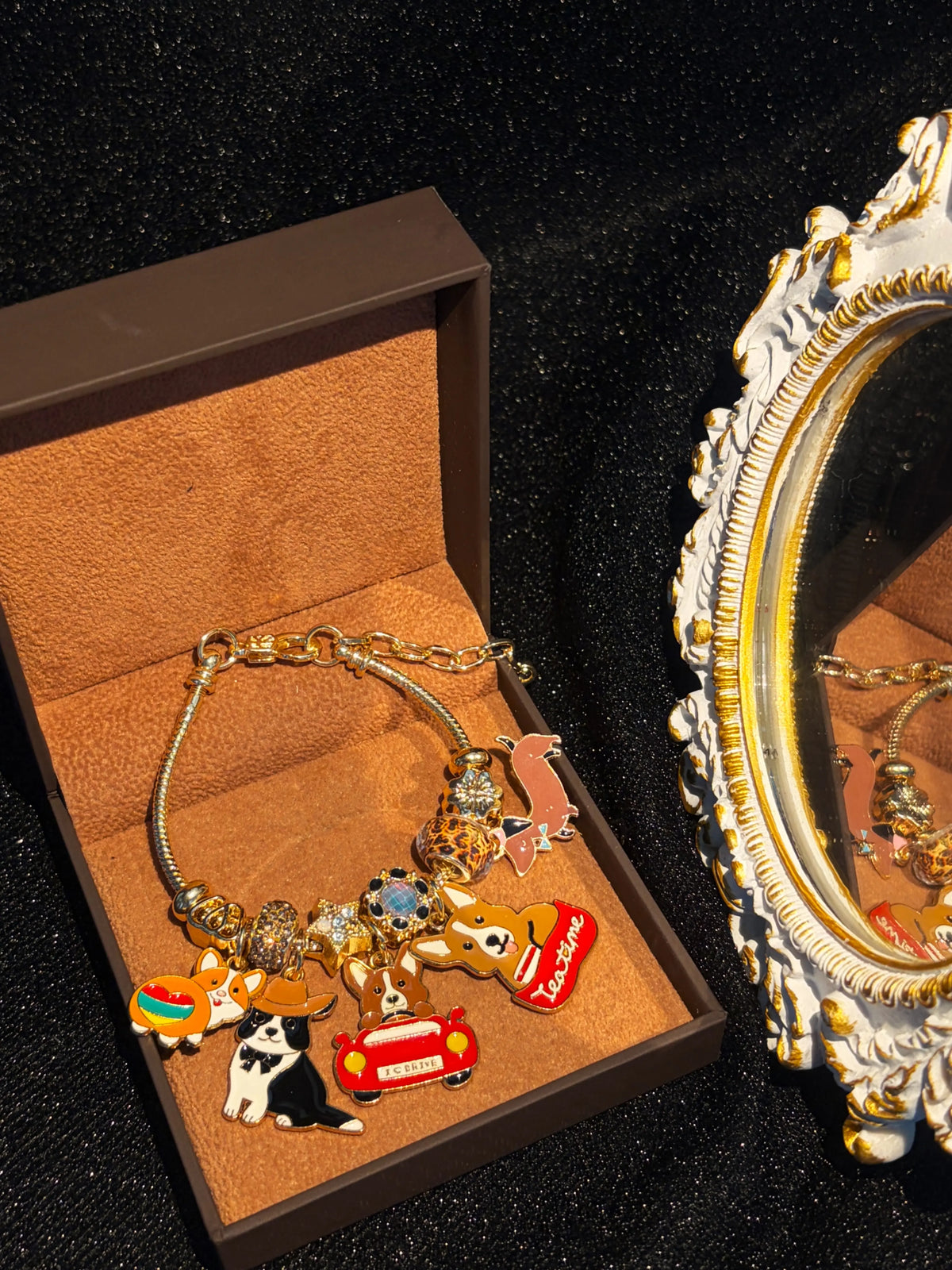 Cute Dog Puppy Enamel Dangle Charms Gold Tone Charm Bracelet, Fun Animal Beaded Jewelry Gift for Women