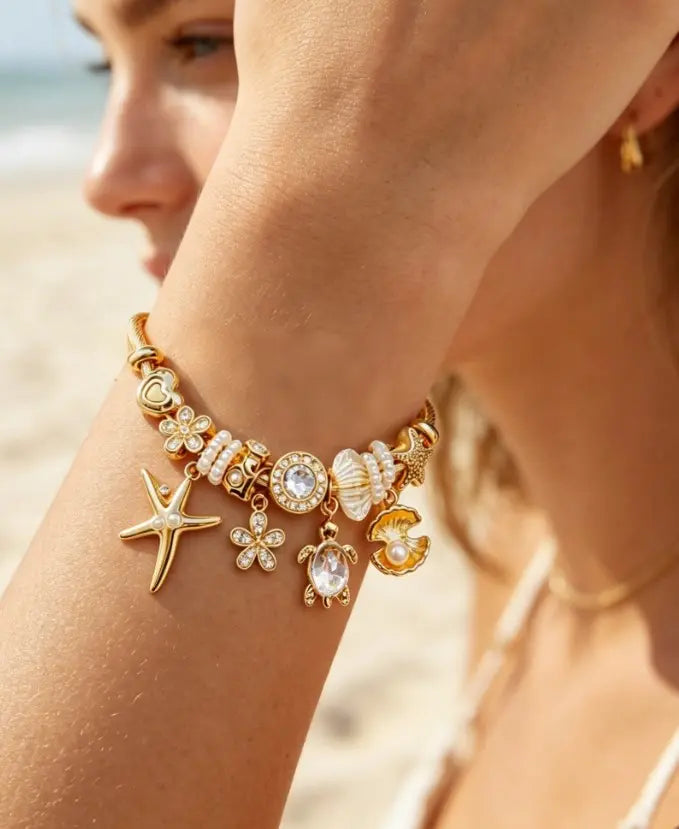 Gold Tone Ocean Theme Cable Wire Charm Bracelet, Starfish, Turtle, Shell, Flower Crystal Pearl Dangle Bangle, Adjustable Open Cuff Beach Jewelry Gift for Women Girls