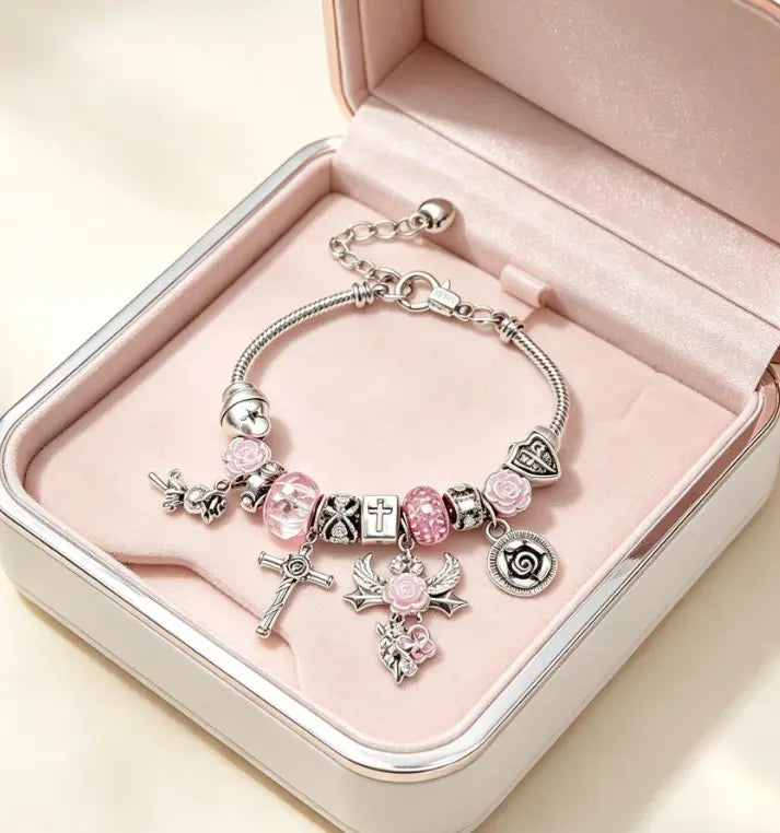 Silver Adjustable Snake Chain Charm Bracelet, 3D Stereoscopic Rose Cross Angel Butterfly Beaded Bracelet, Exquisite Handcraft Fashion Jewelry Gift for Women Teen Girls