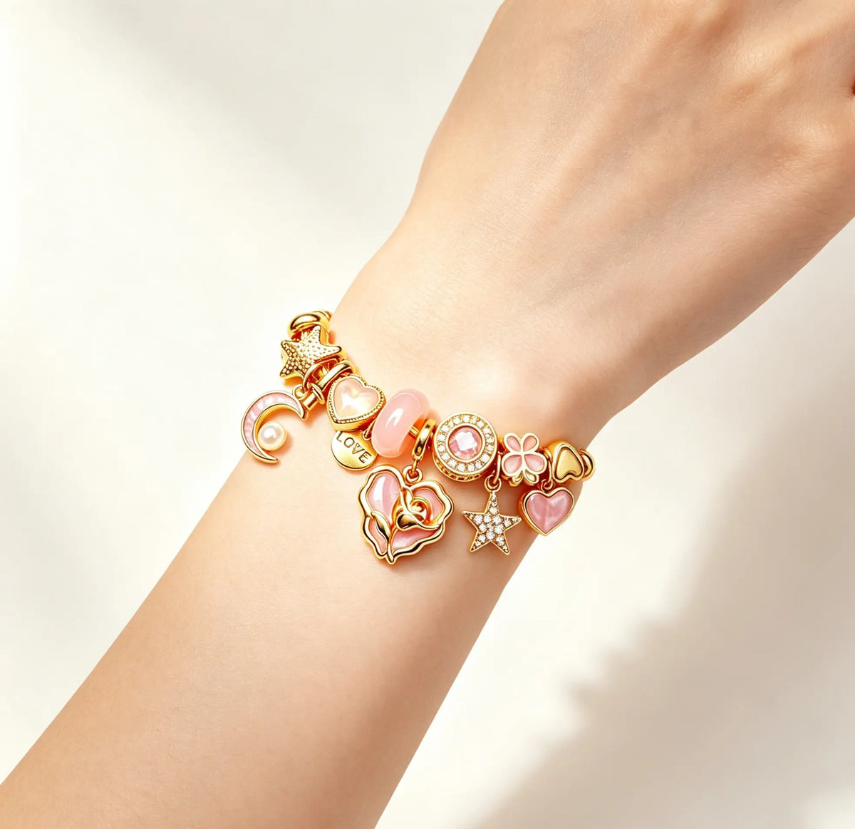 Women's Pink Rose Heart Charm Bangle - Gold Twist Cable Wire Open Cuff Bracelet with Moon, Star, 4-Leaf Clover Dangle Charms, Fashion Costume Jewelry Gift