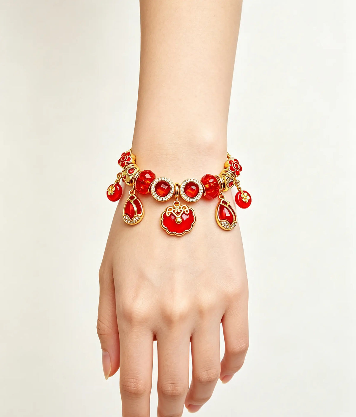 Gold Plated Red Ruyi Lock Charm Bracelet for Women, Adjustable Snake Chain Beaded Bracelet with Red Crystal & Floral Pendant, Fashion Lucky Jewelry Gift