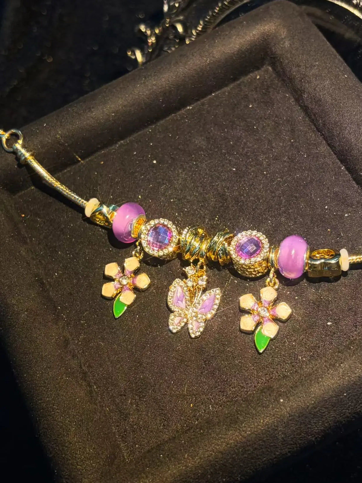 Vintage Gold Tone Snake Chain Charm Bracelet, Purple Crystal Butterfly & Enamel Flower Dangle Charms Beaded Bracelet, Hypoallergenic Stackable Statement Jewelry, Women Girls Daily Party Gift Bracelet