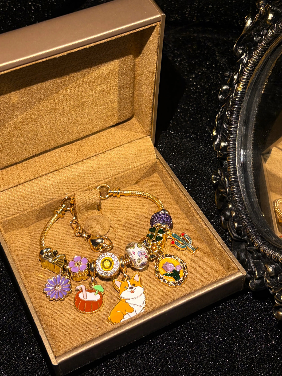 Cute Corgi Dog Charm Bracelet - Multi-Charm Coconut, Flower, Cactus, Car Photo Frame Beaded Bracelet, Stackable Fashion Jewelry Gift for Women