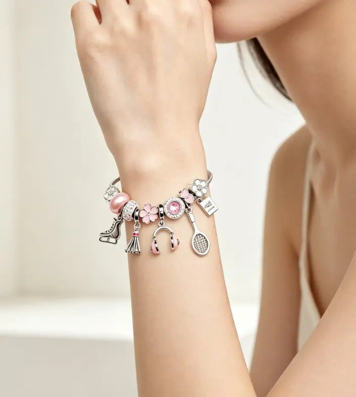 Pink Sports Theme Charm Bracelet with Gift Box, Adjustable Silver Snake Chain Bracelet with Skate, Racket, Headphone Charms, Jewelry Gift for Women Girls